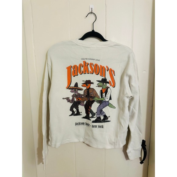 Brandy Melville White Waffle Knit Lizard Cowboy Graphic Long Sleeve Top - Picture 4 of 4